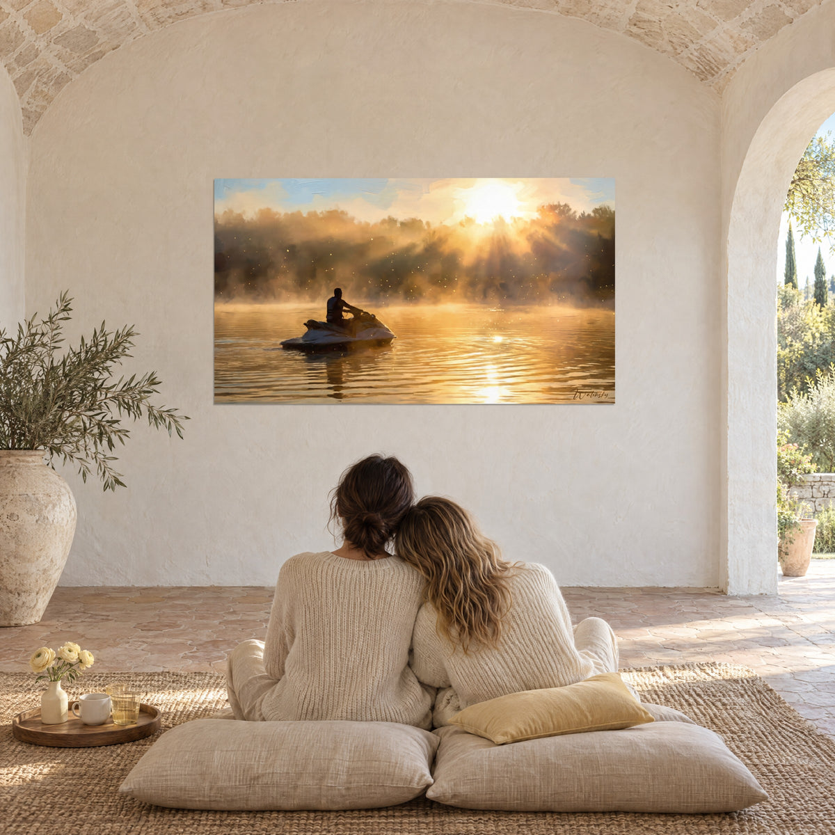 Πίνακας jet-ski με την ανατολή, λαμπρός ήλιος, κεχριμπαρένια ομίχλη και χάλκινο νερό, πάνω από μαξιλάρια σε θολωτή πέτρινη αγροικία