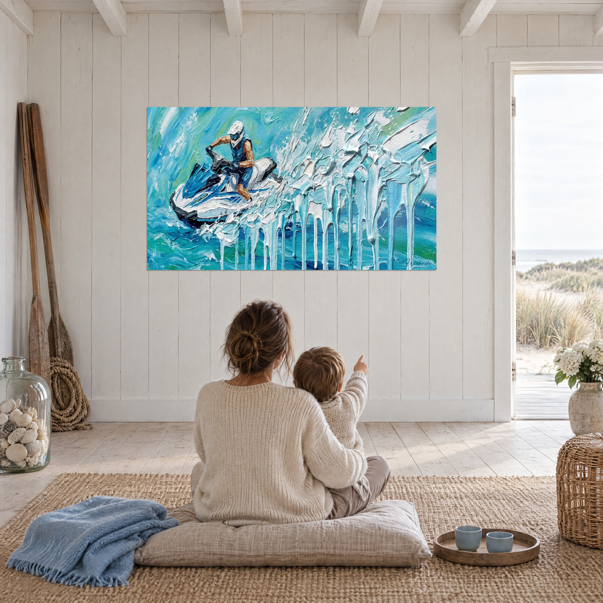Tableau engin nautique blanc et bleu surgissant d'une vague turquoise, coulures givrées, face à une mère et son enfant sur un coussin