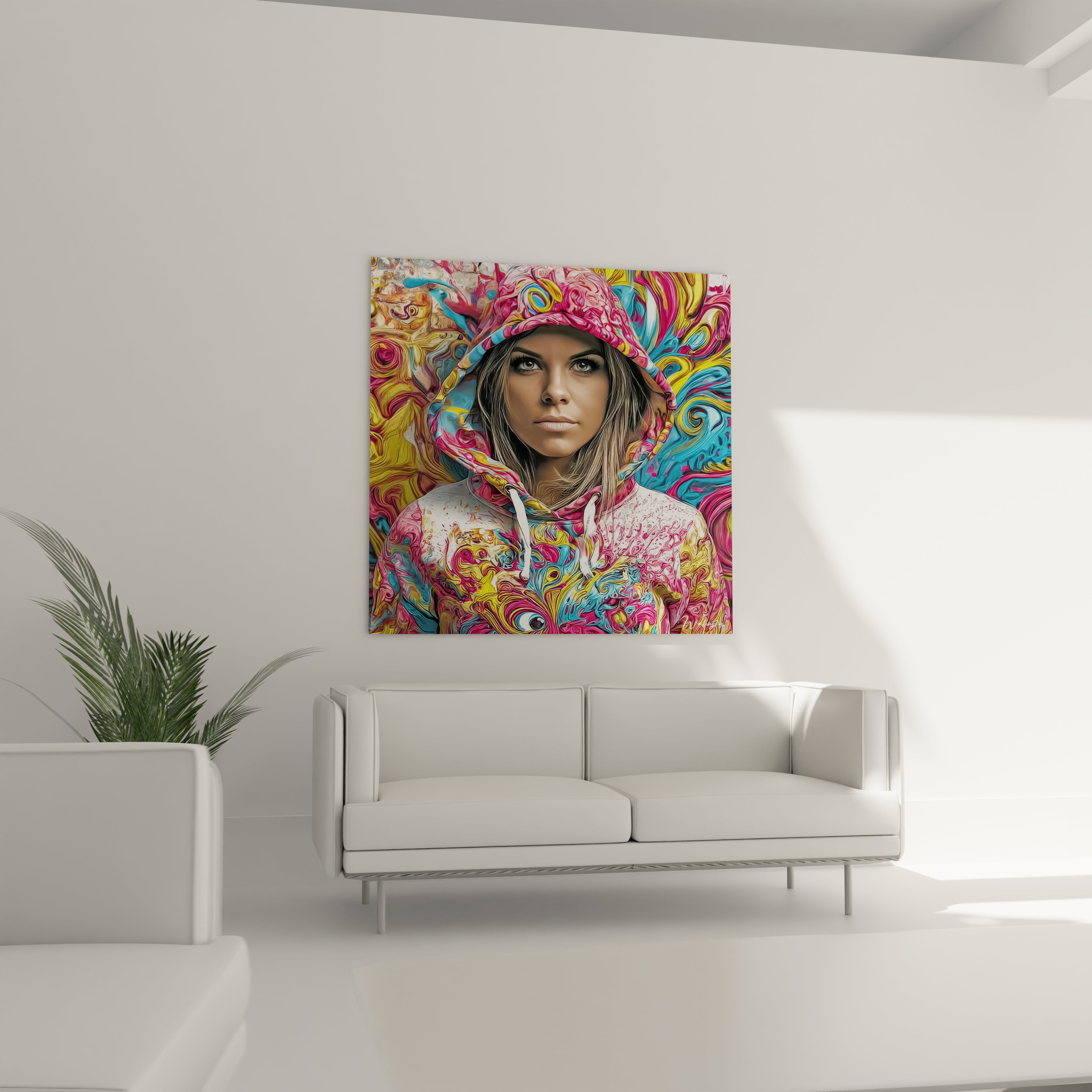 Tableau jeune femme art fluide avec des couleurs vives et un fond abstrait