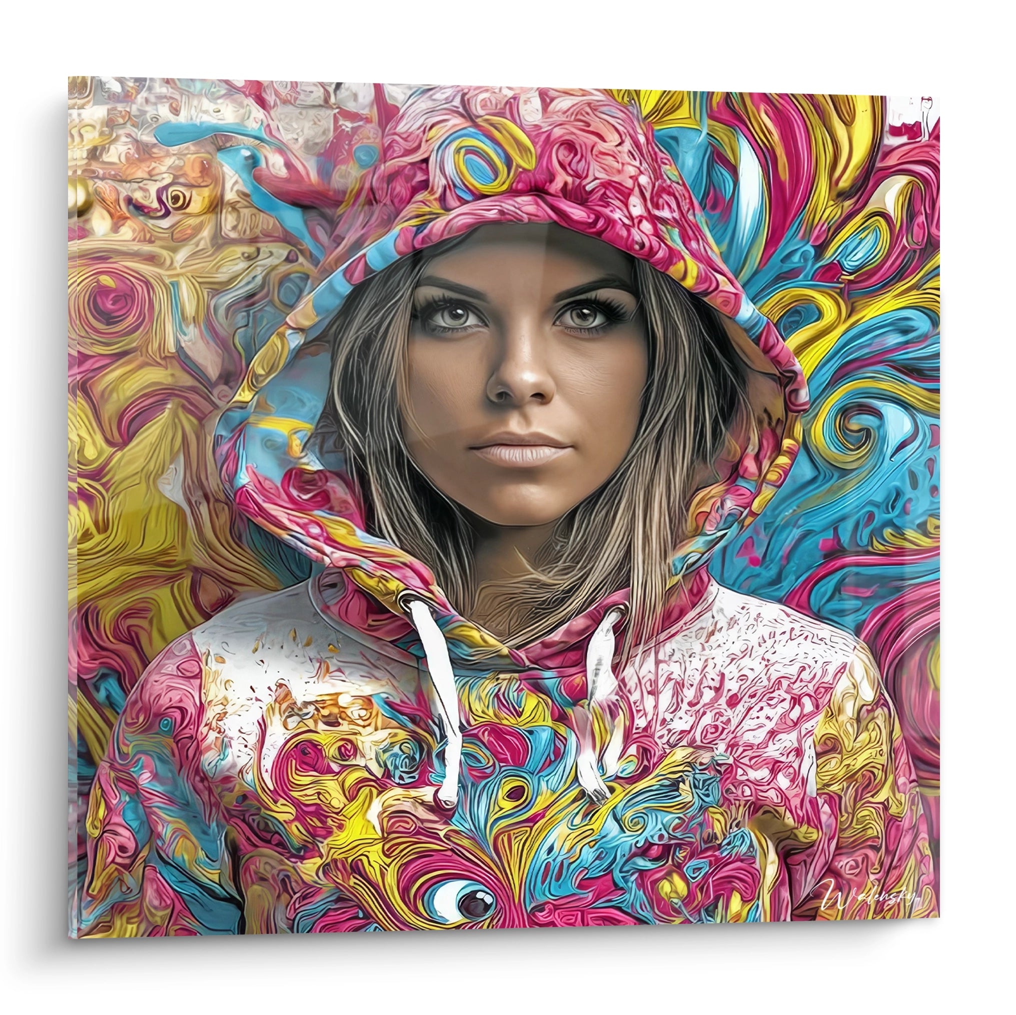 Tableau mural représentant une jeune femme dans un art fluide aux couleurs vibrantes