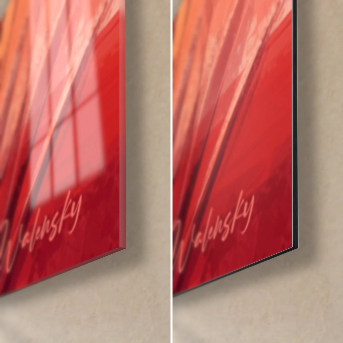 Wall art girl in a red dress hugging a heart, bottom right corner: glossy glass on the left, matte black Dibond on the right, thin edge