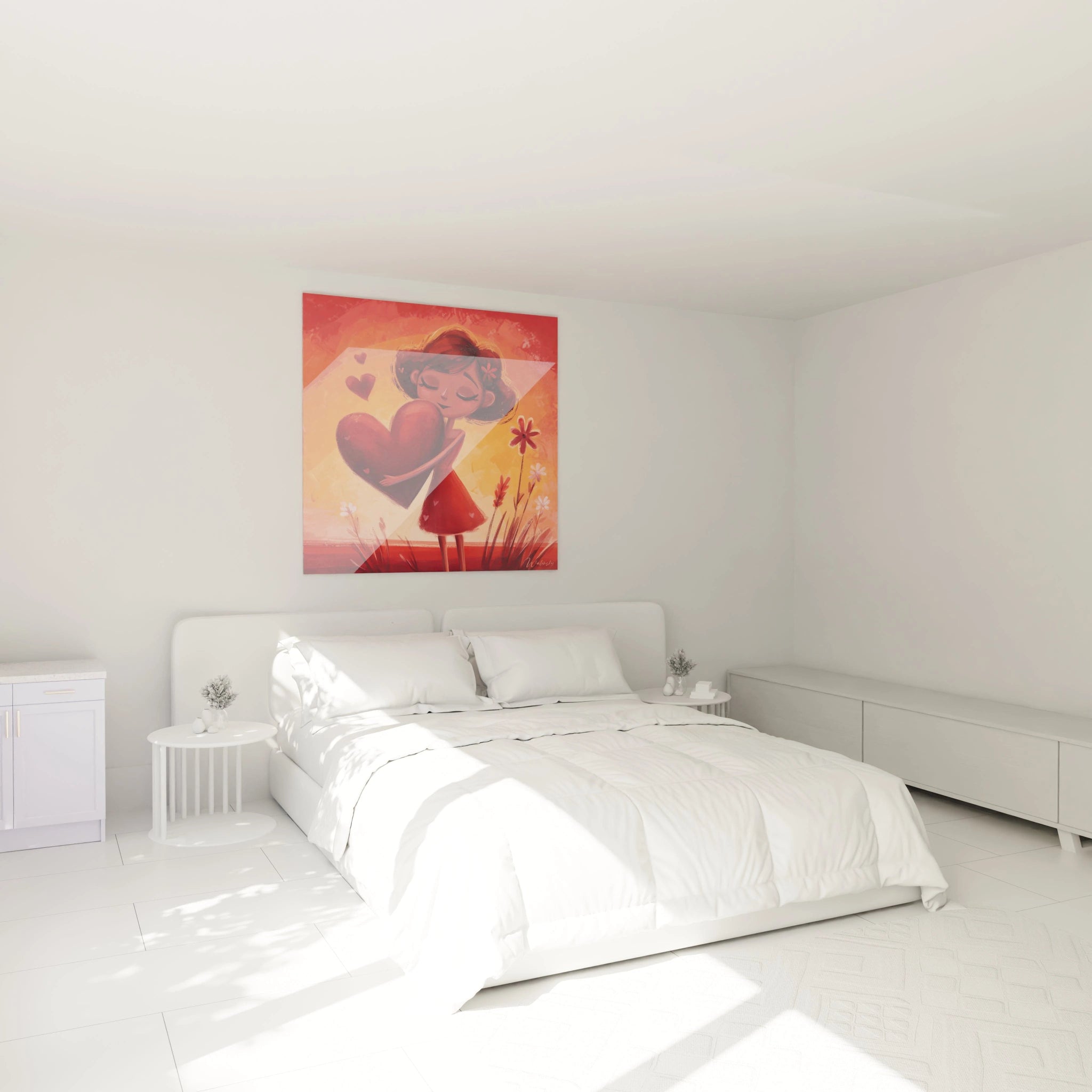 Tableau mural Walensky tableau jeune fille cœur peinture rouge et jaune au dessus d un lit blanc moderne