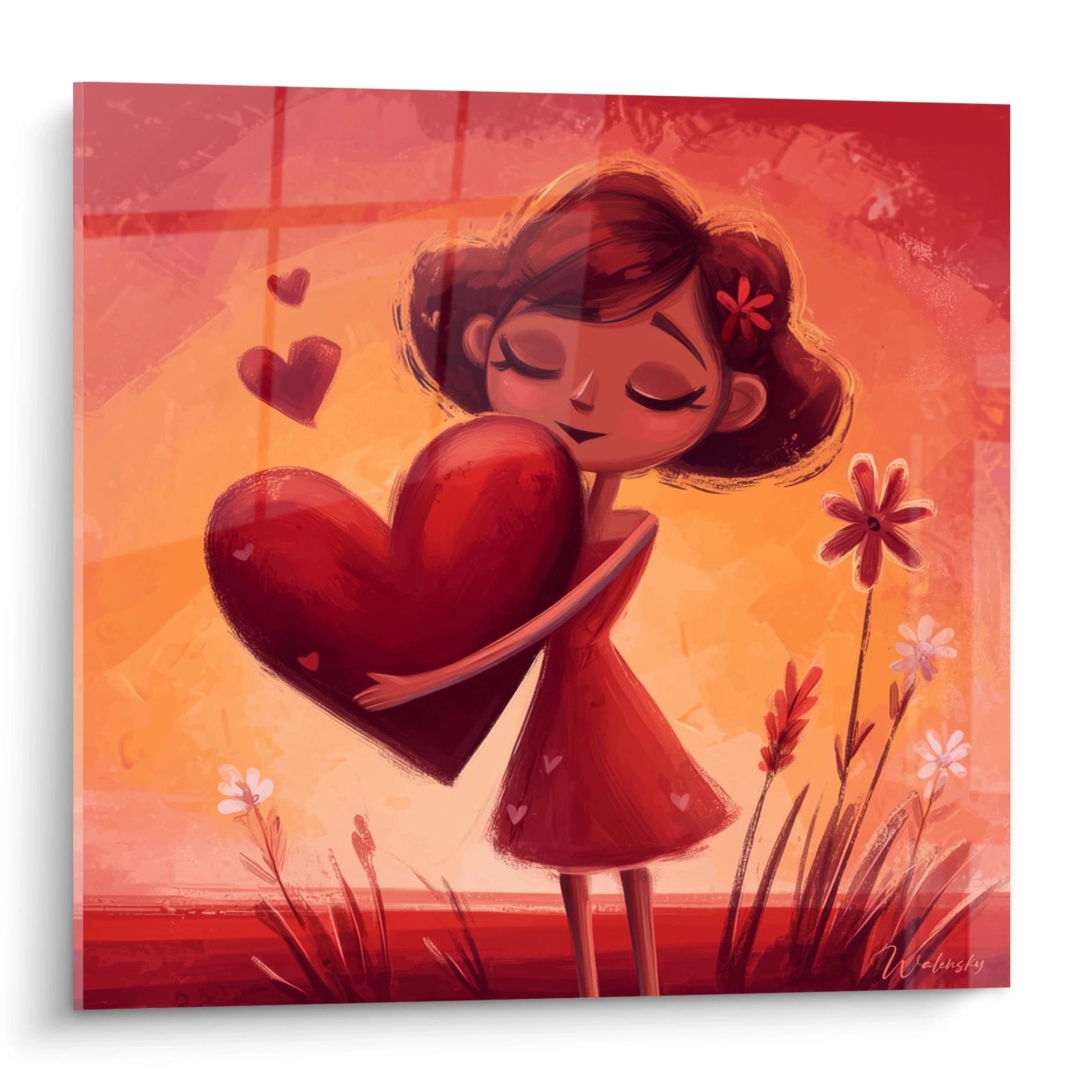 tableau jeune fille cœur Walensky illustration murale romantique rouge avec fillette tenant un grand coeur