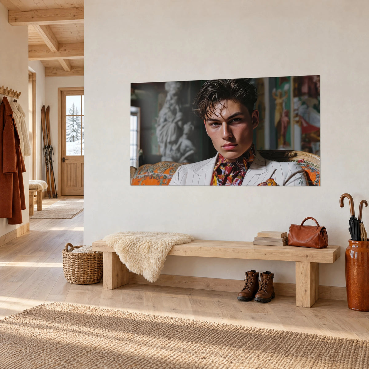 Cuadro retrato de un adolescente moreno de cejas marcadas, blazer blanco a rayas, estatuas blancas y frescos verdes, en la pared de un recibidor de madera clara