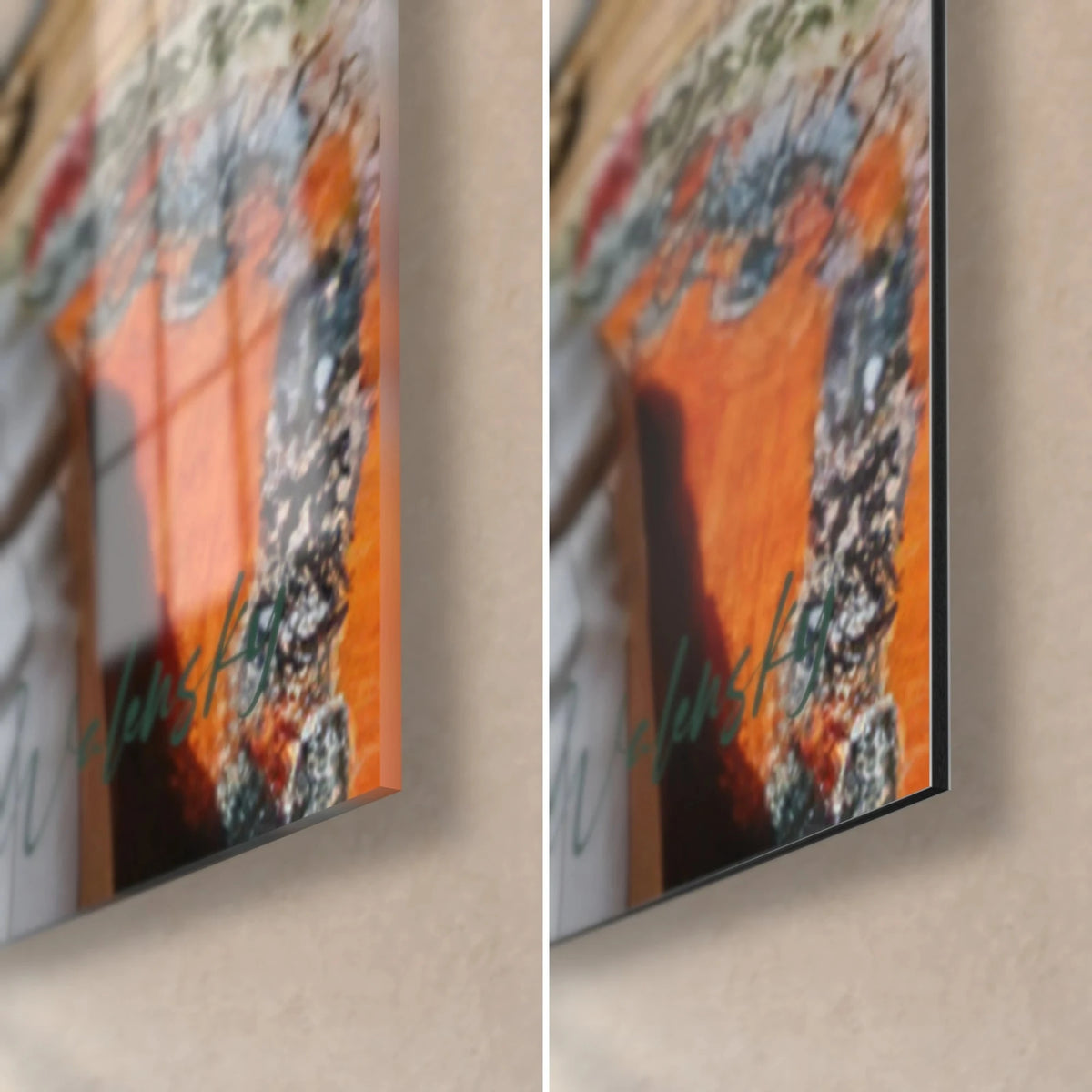 Quadro di un volto maschile dallo sguardo scuro, foulard rosso e arancio stampato, angolo in basso a destra: vetro acrilico lucido a sinistra, Dibond nero opaco a destra