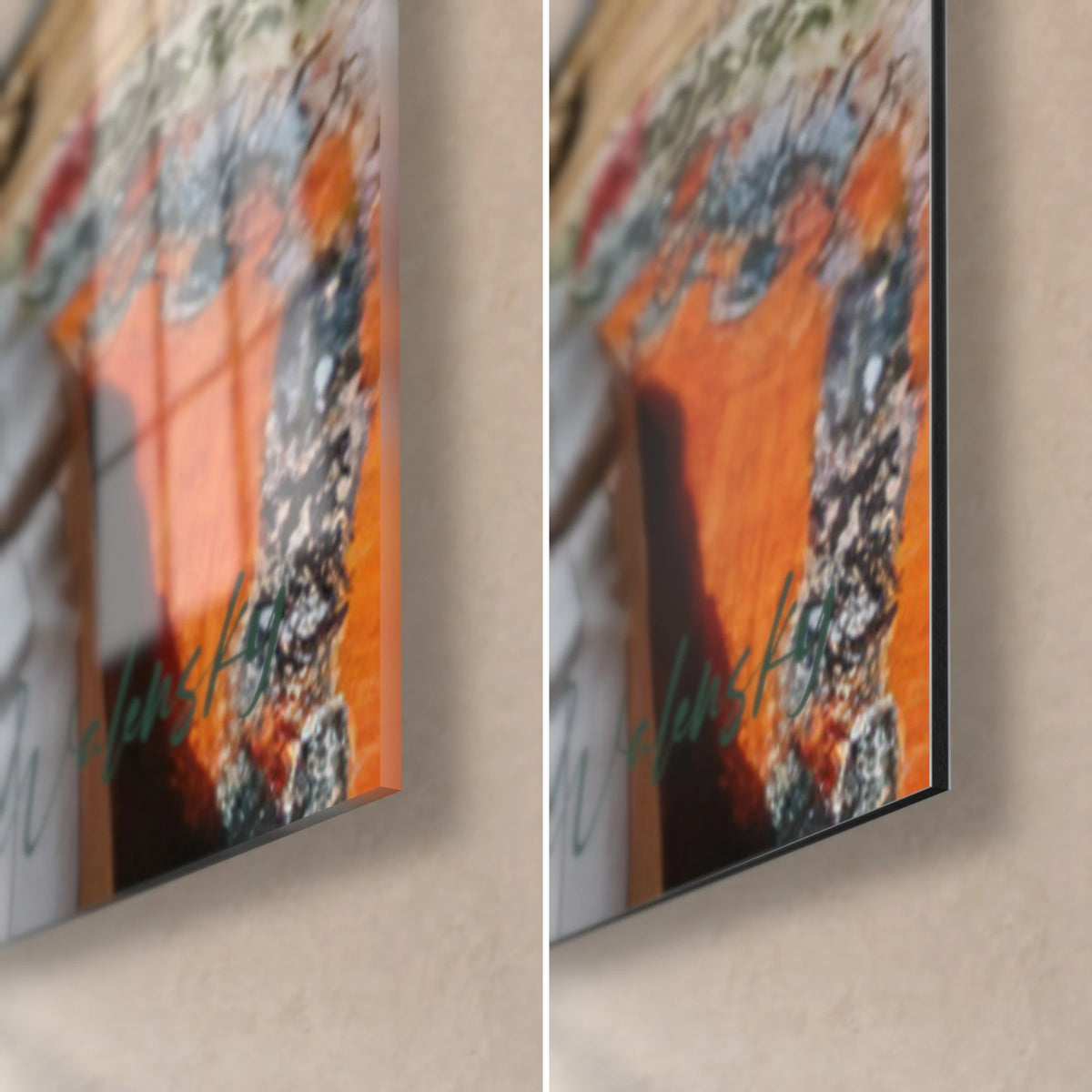Cuadro de un rostro masculino de mirada oscura, pañuelo rojo y naranja estampado, esquina inferior derecha: cristal acrílico brillante a la izquierda, Dibond negro mate a la derecha