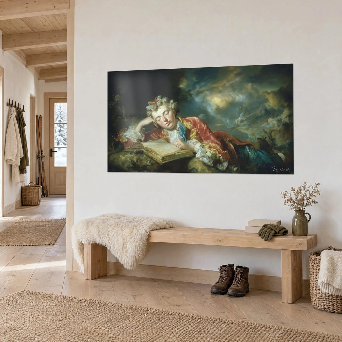 Tableau adolescent rococo aux boucles blanches, joue rosée sur la main, dentelle ivoire et nuages dorés, au-dessus d'un banc en bois dans l'entrée d'un chalet