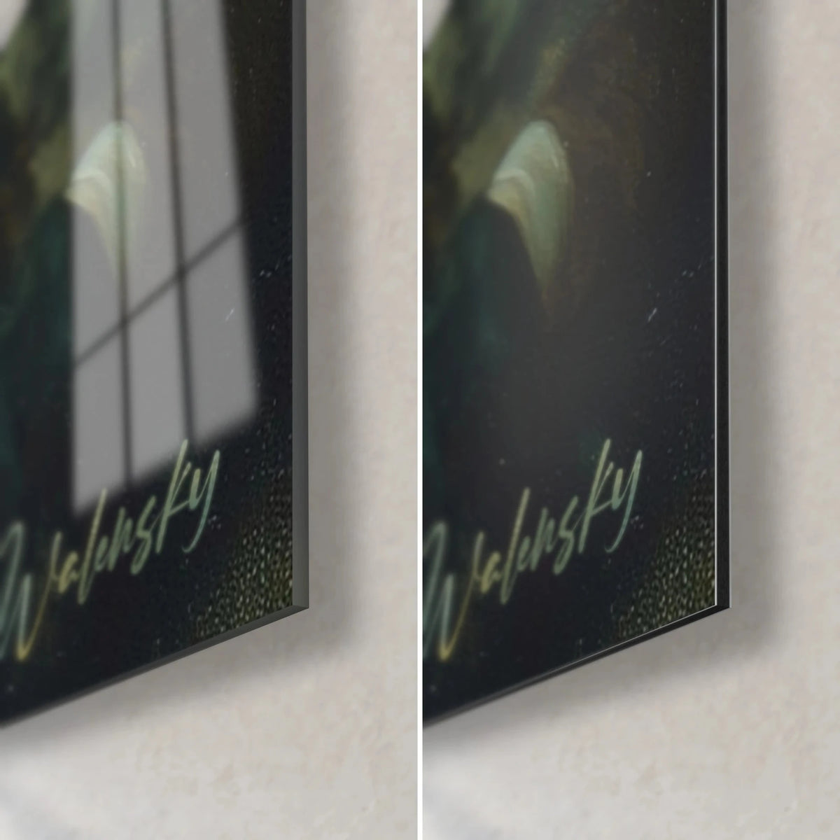 Tableau dormeur en habit rouge, coin bas droit : verre acrylique brillant à gauche, alu Dibond noir mat à droite, tranche de 3 mm et signature dorée Walensky