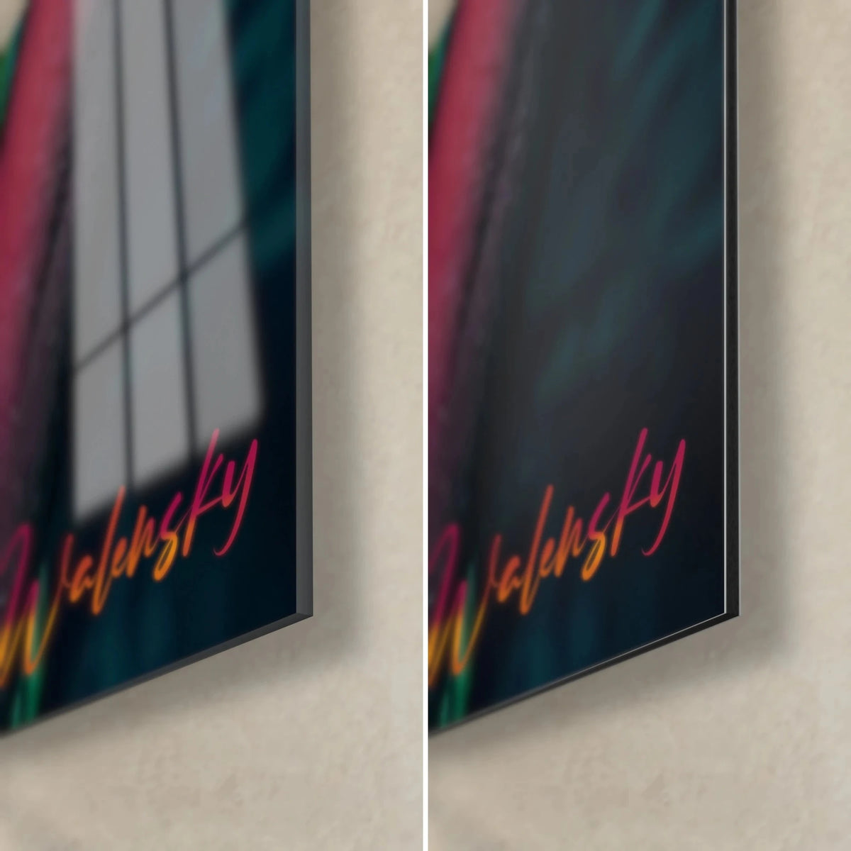 Wall art streetwear model, bottom right corner: glossy acrylic glass with reflections on the left, matte black Dibond aluminum on the right, 3 mm edge