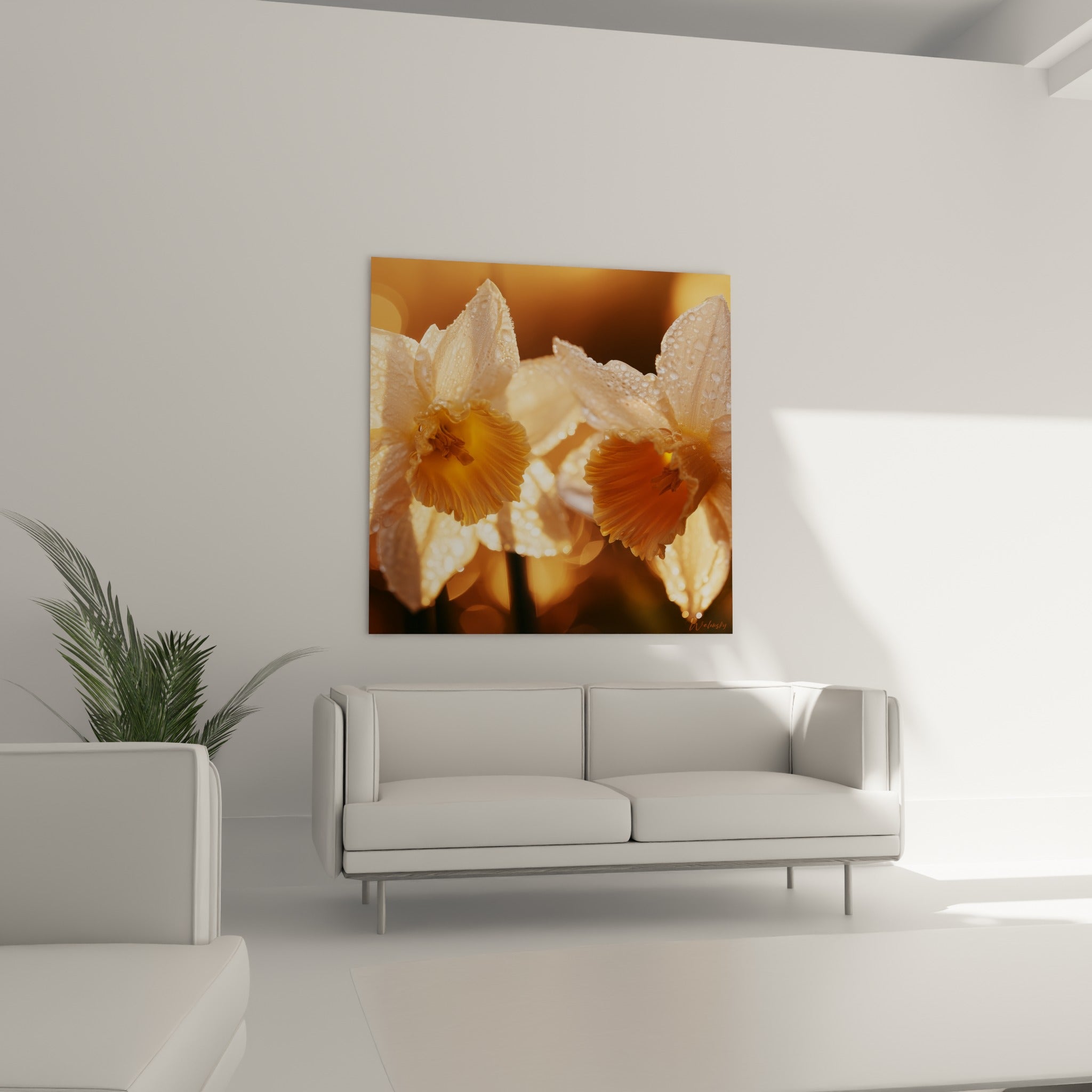 Jonquilles ambrées aux pétales blancs perlés de gouttelettes, au-dessus d'un canapé dans un salon lumineux