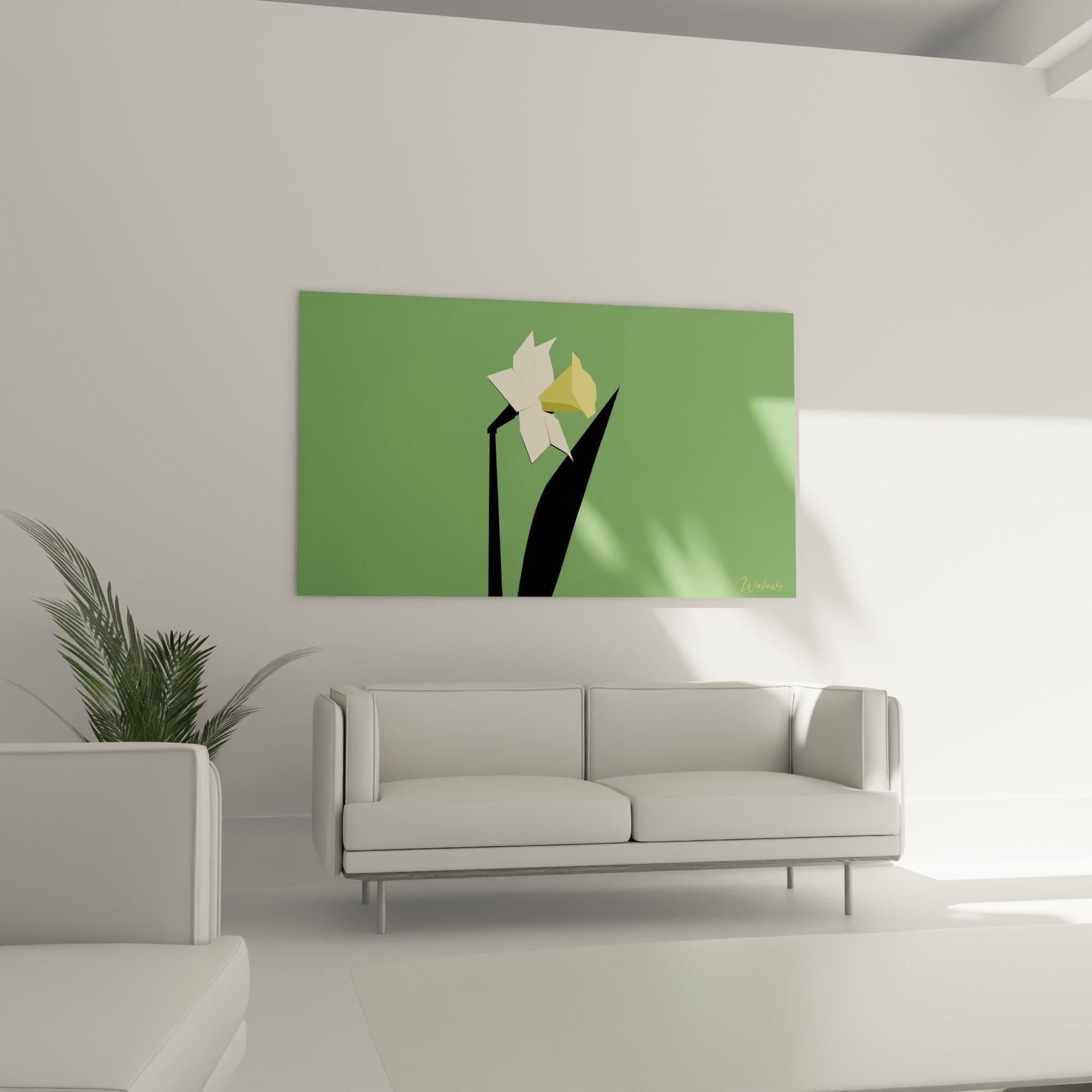 Silhouette florale anthracite et jaune positionnée au-dessus d'un canapé dans un salon lumineux