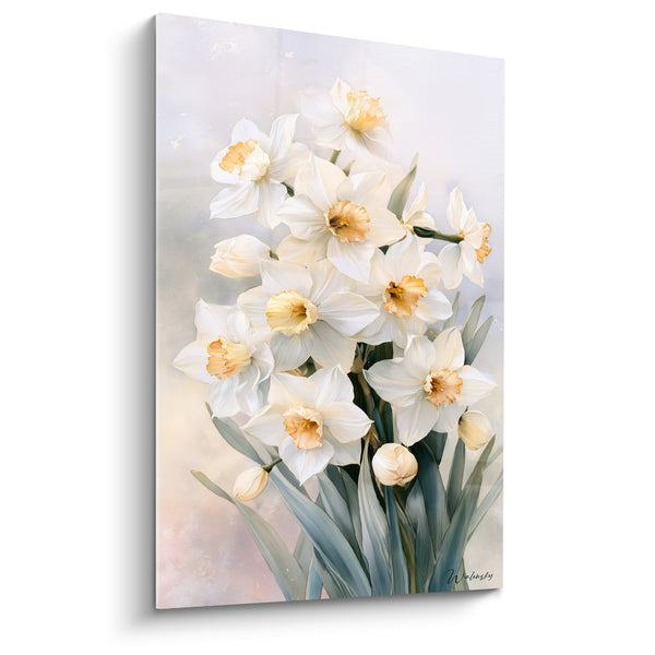 Tableau Jonquilles blanches et crème aux boutons serrés - Feuillage gris-bleu large - Edition Jonquille