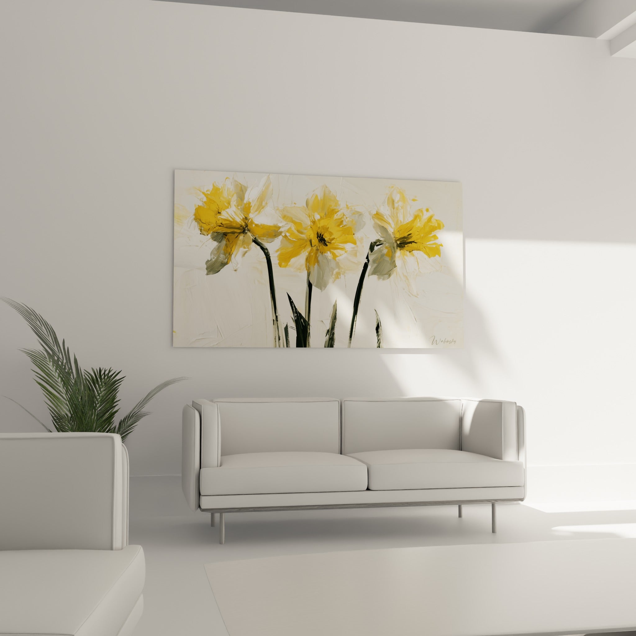 Fleurs jaunes et blanches aux tiges sombres ornent ce tableau placé au-dessus d'un canapé dans un salon lumineux