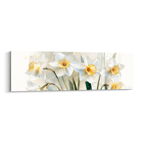 Tableau Jonquilles blanches et jaunes aux tiges recourbées - Éclaboussures beiges diffuses - Edition Jonquille