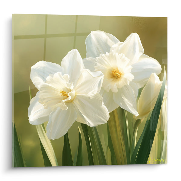 Tableau Jonquilles blanches et vertes devant fenêtre quadrillée - Corolles veloutées lumineuses - Edition Jonquille