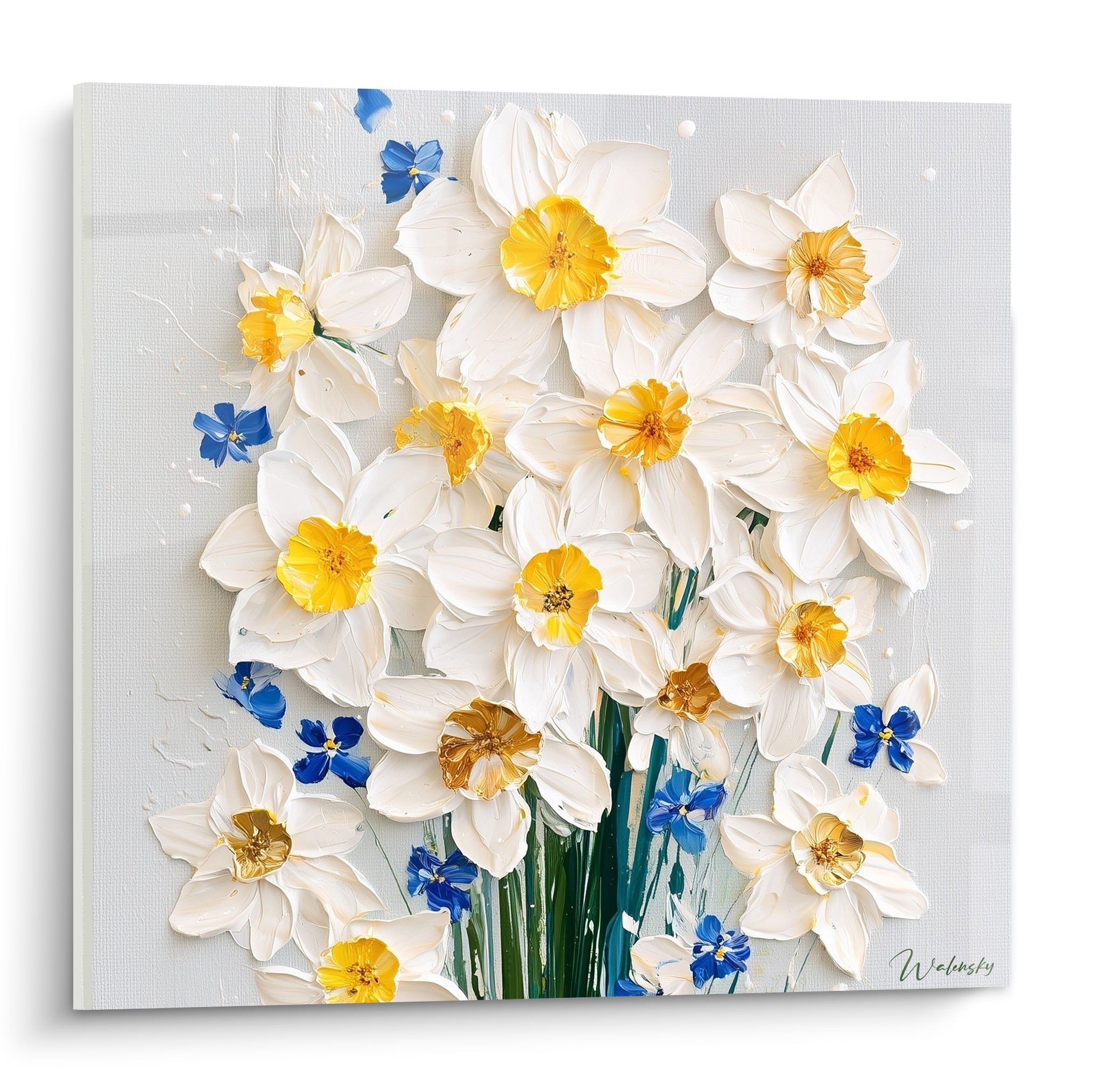 Jonquilles blanches aux cœurs jaune doré et fleurs bleu marine, texture en relief épais