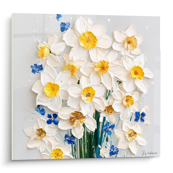 Tableau Jonquilles blanches et jaunes entourées de myosotis bleus - Fond blanc texturé - Edition Jonquille