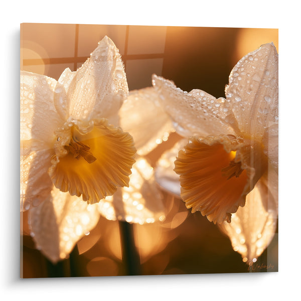 Tableau Jonquilles blanches et couronnes dorées perlées - Rosée dorée - Edition Jonquille