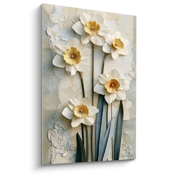 Tableau Jonquilles blanches et jaunes aux pétales sculptés - Mur écaillé craquelé - Edition Jonquille
