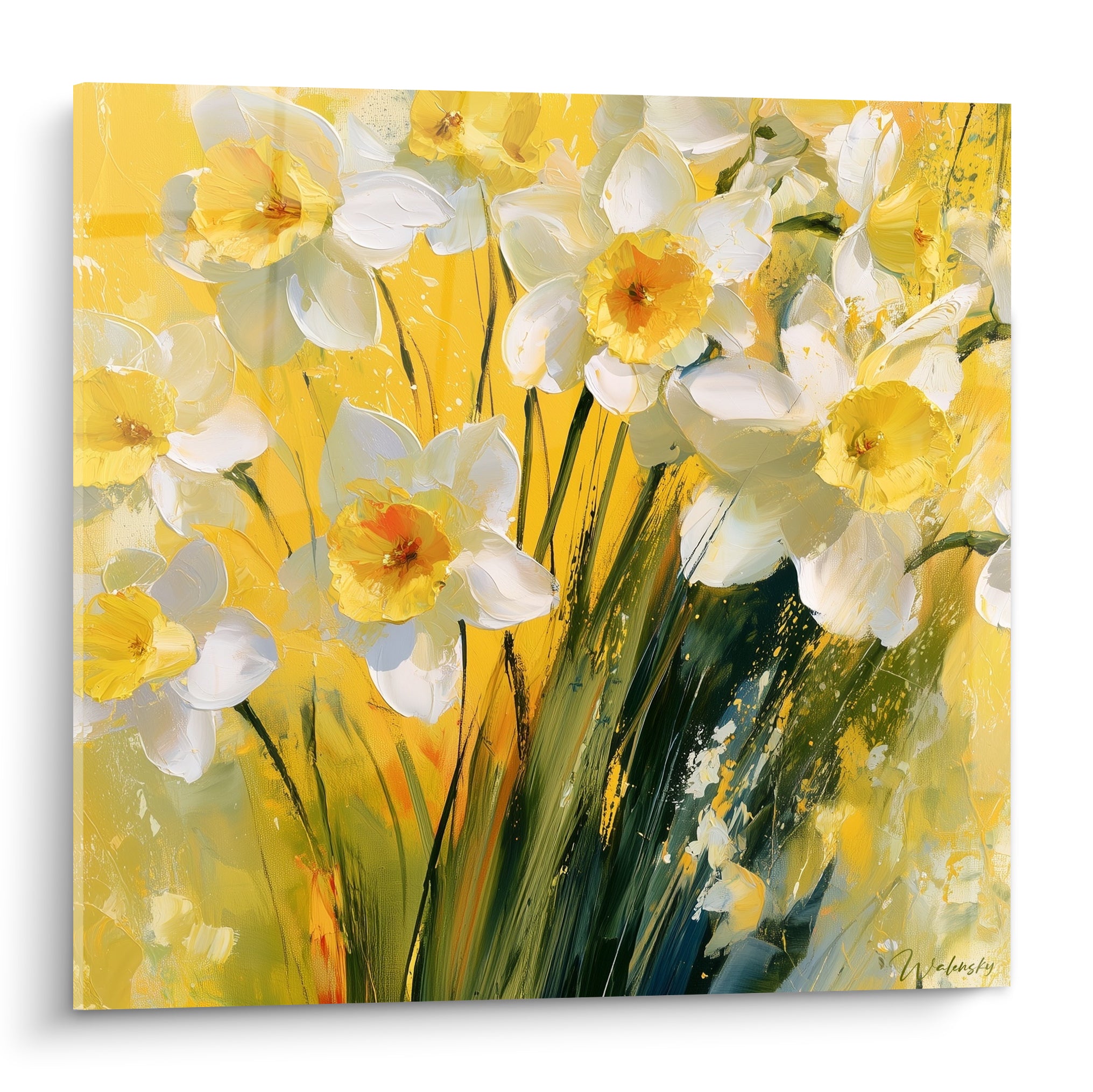 Jonquilles blanches et jaunes aux cœurs orangés peintes au couteau sur fond doré éclatant