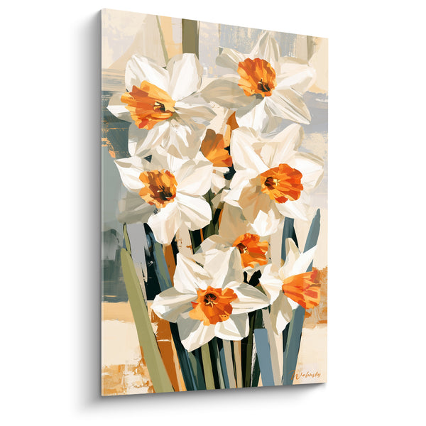 Tableau Jonquilles blanches et orangées sur fond beige balayé - Tiges bleu ardoise groupées - Edition Jonquille
