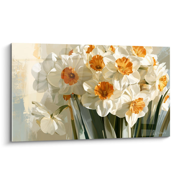 Tableau Jonquilles blanches et orangées aux larges corolles serrées - Fond beige texturé - Edition Jonquille