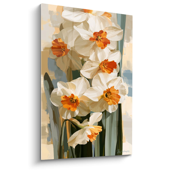 Tableau Jonquilles blanches et orangées inclinées vers le bas - Corolle penchée vers l'avant - Edition Jonquille