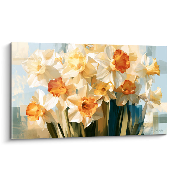 Tableau Jonquilles blanches et orangées aux blocs géométriques bleus - Rectangles pastel superposés - Edition Jonquille