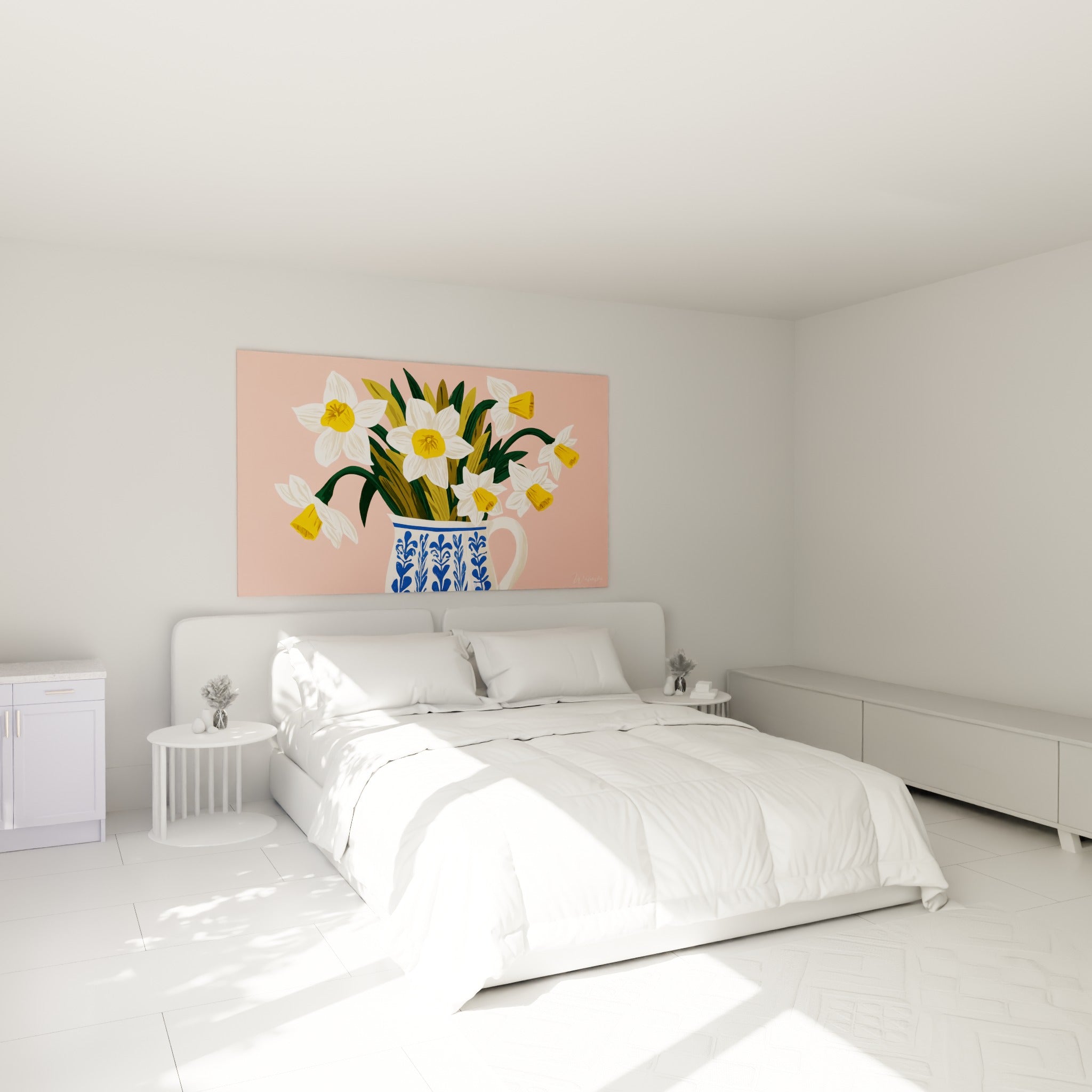 Bouquet de jonquilles jaune et blanc peint au-dessus d'un lit dans une chambre claire