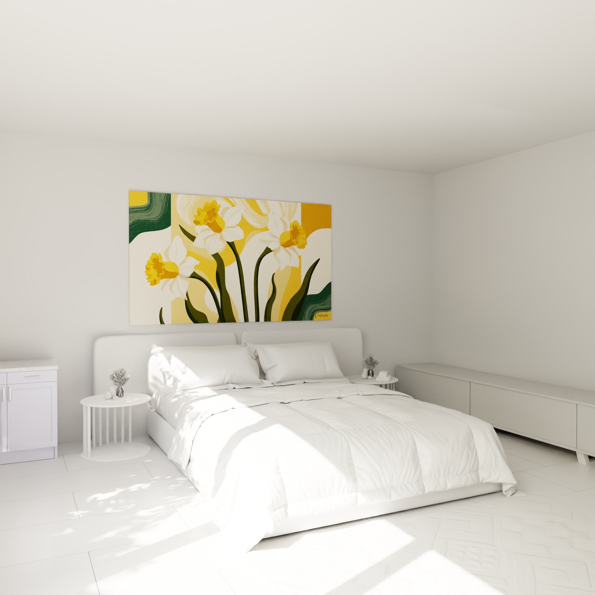 Bouquet de jonquilles blanches et dorées au-dessus d'un lit dans une chambre claire