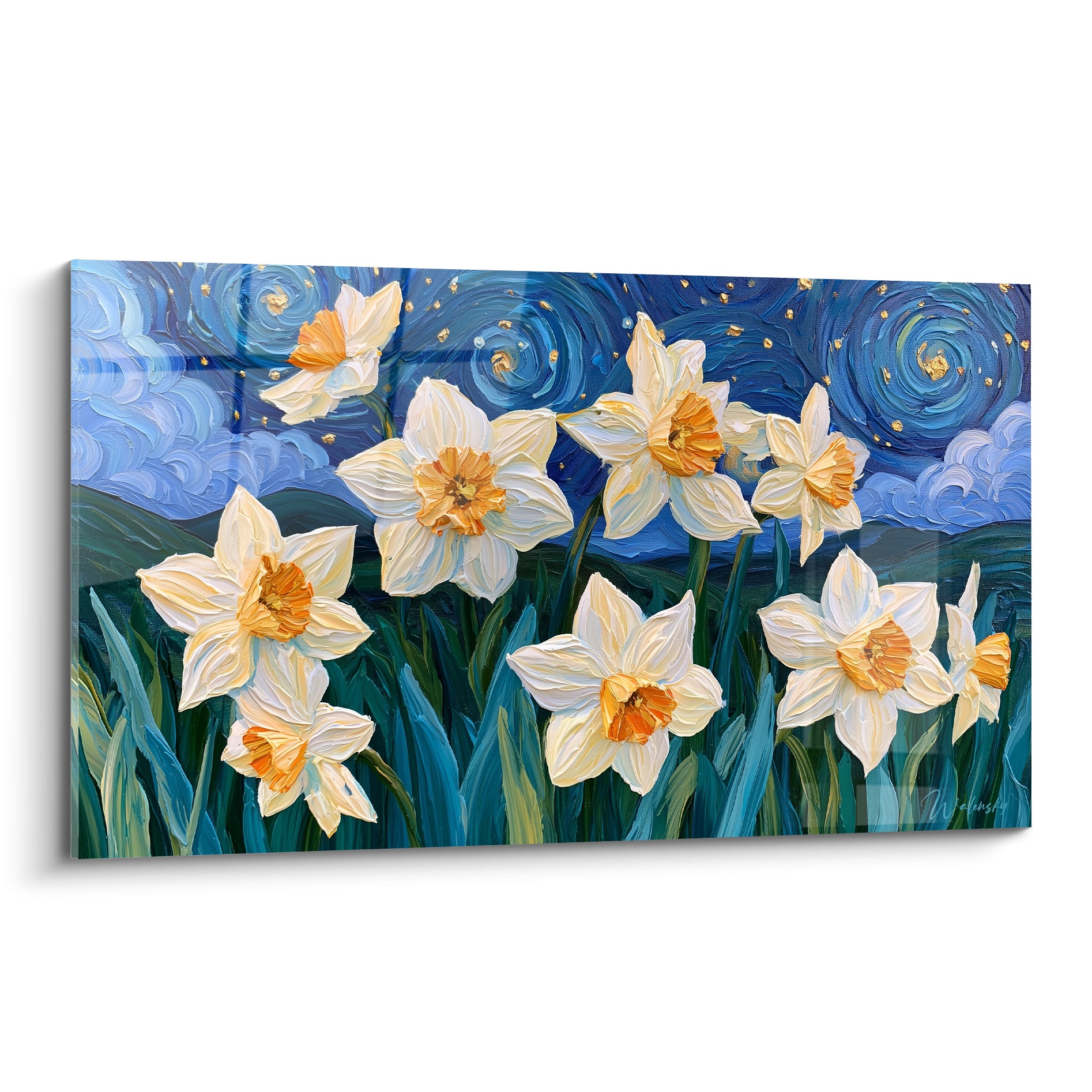 Jonquilles blanches au cœur orangé peintes sur ciel bleu marine tourbillonnant façon nuit étoilée