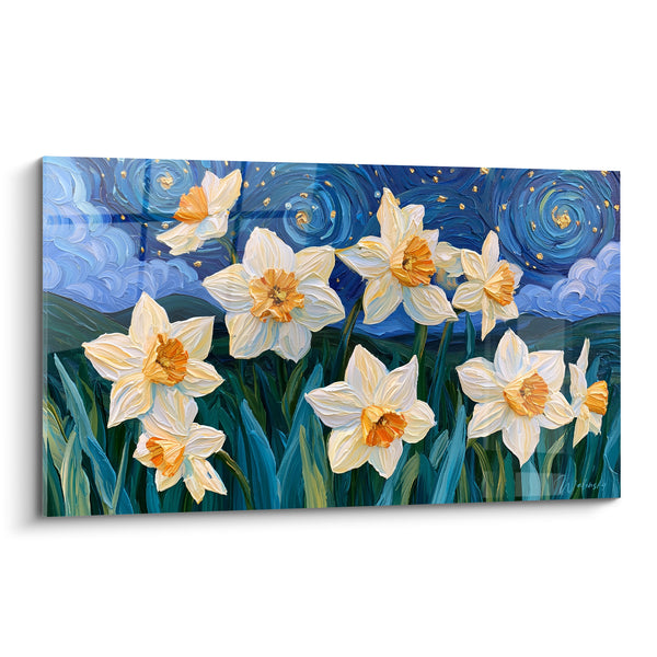 Tableau Jonquilles blanches et bleues sous tourbillons étoilés dorés - Collines vallonnées lointaines - Edition Jonquille