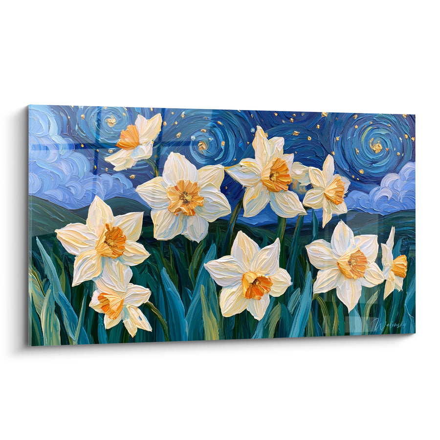 Cuadro Narcisos blancos y azules bajo remolinos estrellados dorados - Colinas onduladas distantes - Edición Narciso