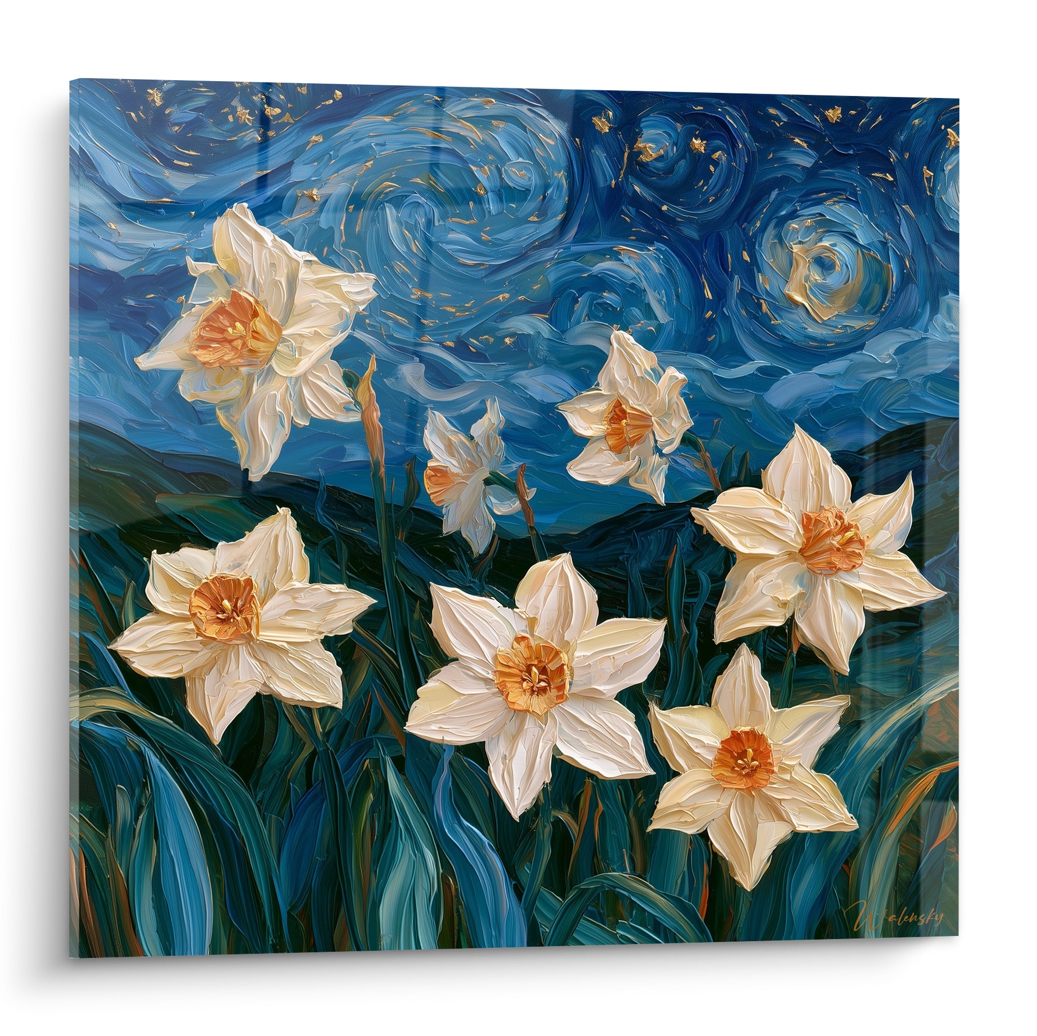 Jonquilles blanches aux cœurs orangés sur ciel bleu tourbillonnant étoilé et doré