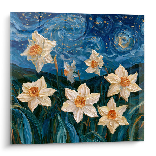 Tableau Jonquilles blanches sous ciel tourbillonnant bleu - Nuit en fleurs - Edition Jonquille