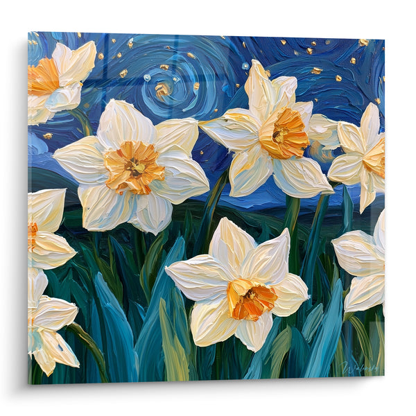 Tableau Jonquilles blanches sous ciel bleu tourbillonnant - Nuit étoilée fleurie - Edition Jonquille
