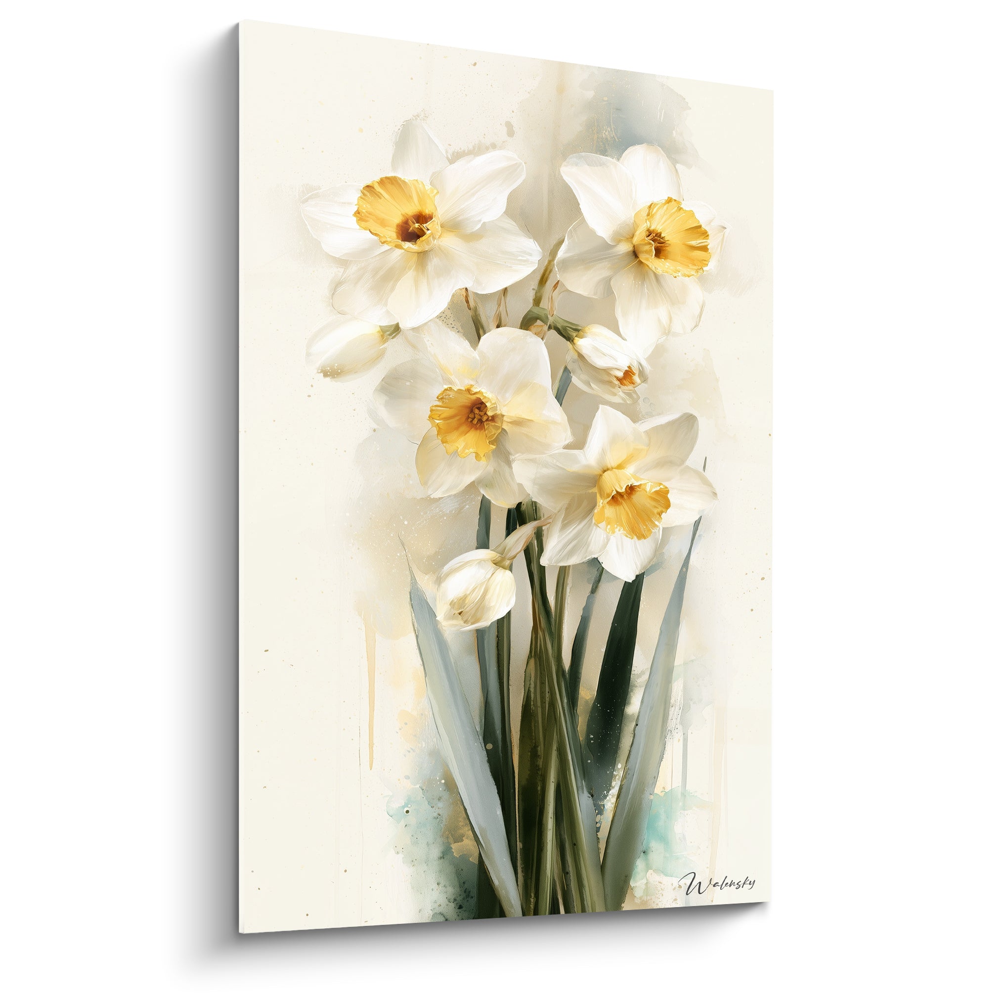 Jonquilles blanches aux cœurs dorés peintes en aquarelle sur fond crème, tiges vert sauge élancées