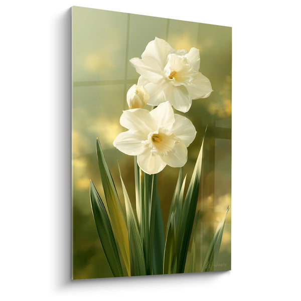 Tableau Jonquilles blanches et vertes aux longues feuilles élancées - Bouton entrouvert lumineux - Edition Jonquille