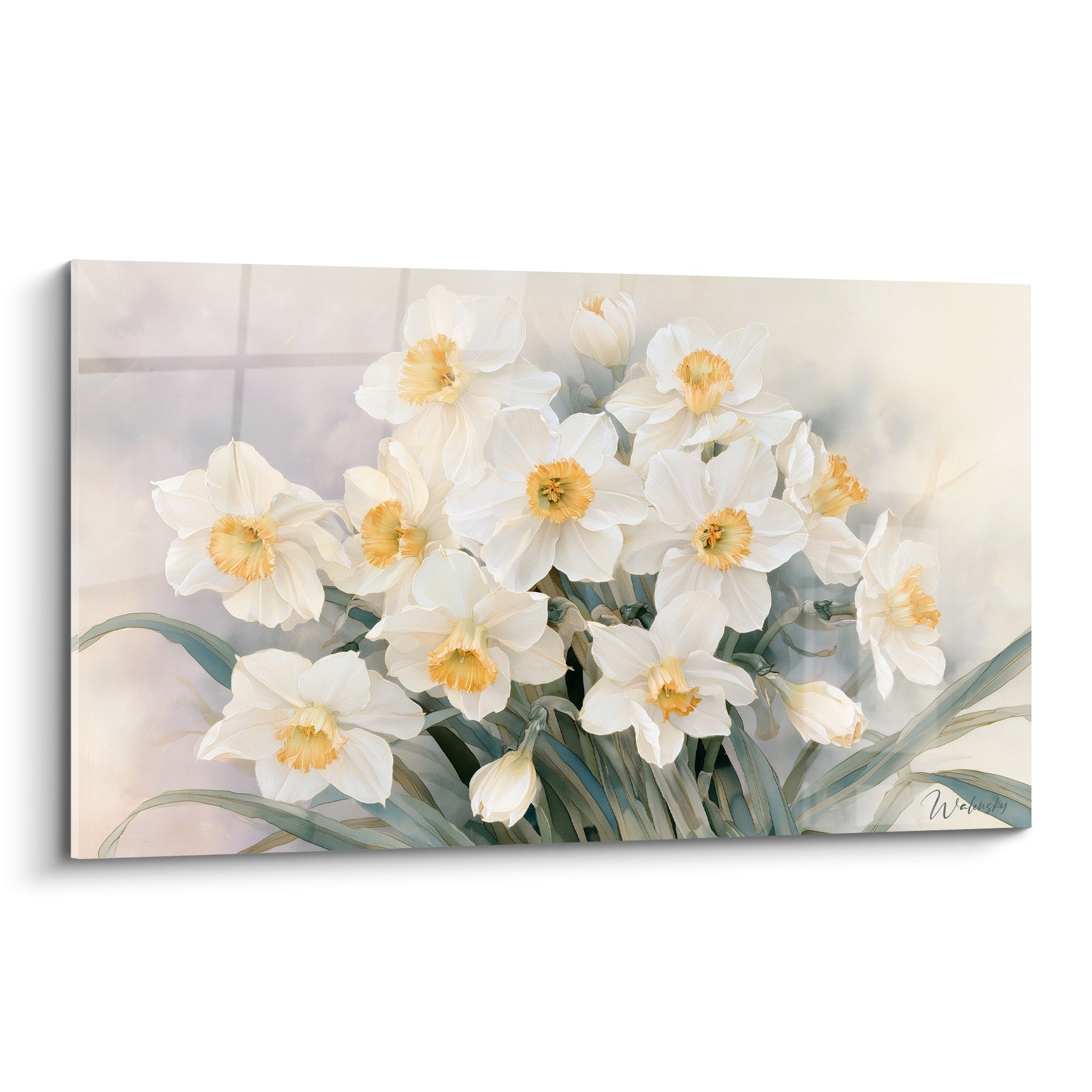 Jonquilles blanches aux cœurs orangés peintes en aquarelle sur fond beige brumeux