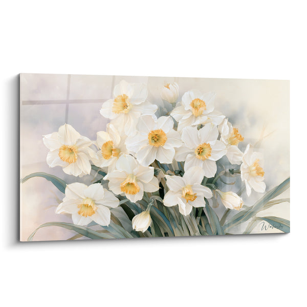 Tableau Jonquilles blanches et jaunes en bouquet dense - Feuilles vert grisé retombantes - Edition Jonquille