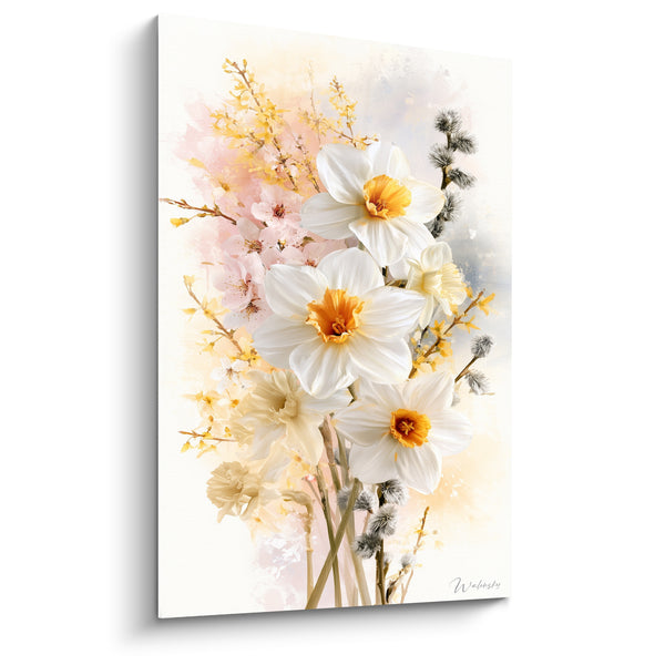 Tableau Jonquilles blanches et orangées près de fleurs de cerisier - Branches de saule duveteuses - Edition Jonquille
