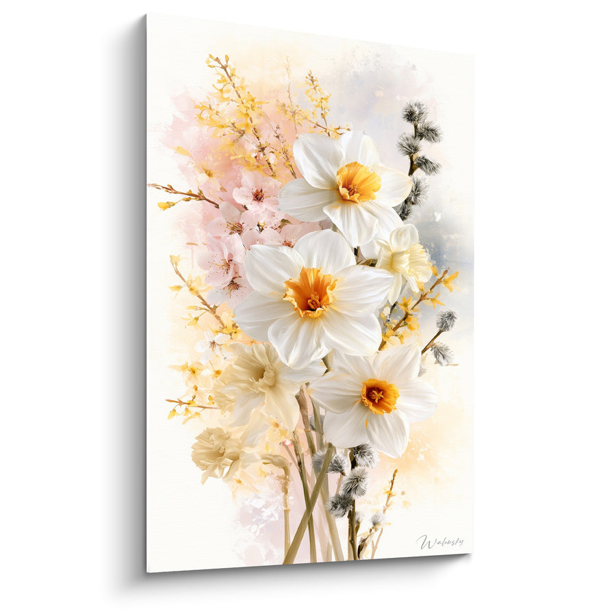 Tableau Jonquilles blanches et orangées près de fleurs de cerisier - Branches de saule duveteuses - Edition Jonquille