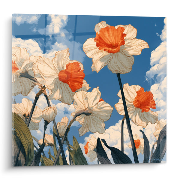 Tableau Jonquilles blanches et orangées sous nuages cotonneux - Vue vers le ciel - Edition Jonquille