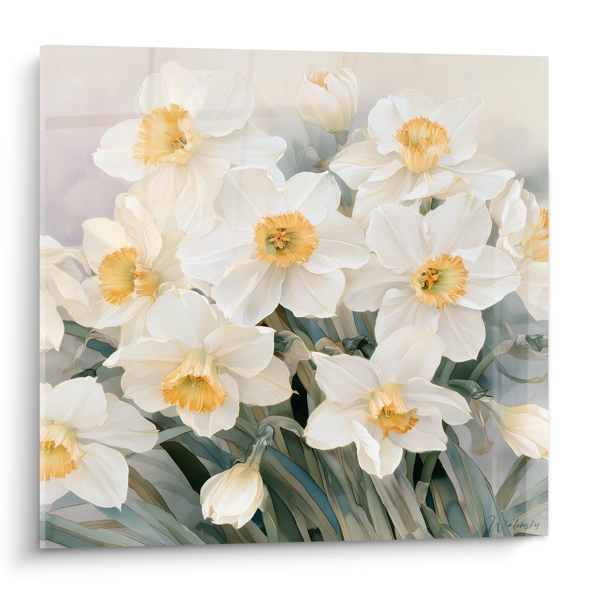 Jonquilles blanches aux cœurs orangés déployées sur fond gris doux, style aquarelle raffiné