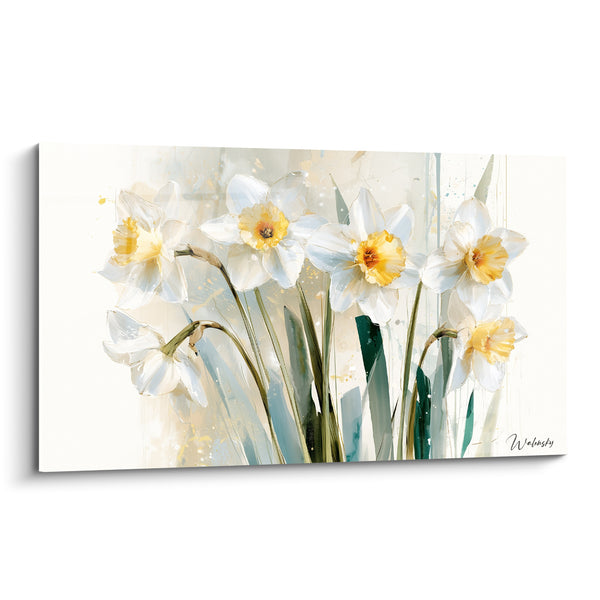 Tableau Jonquilles blanches et jaunes aux tiges arquées - Feuilles vert émeraude longues - Edition Jonquille
