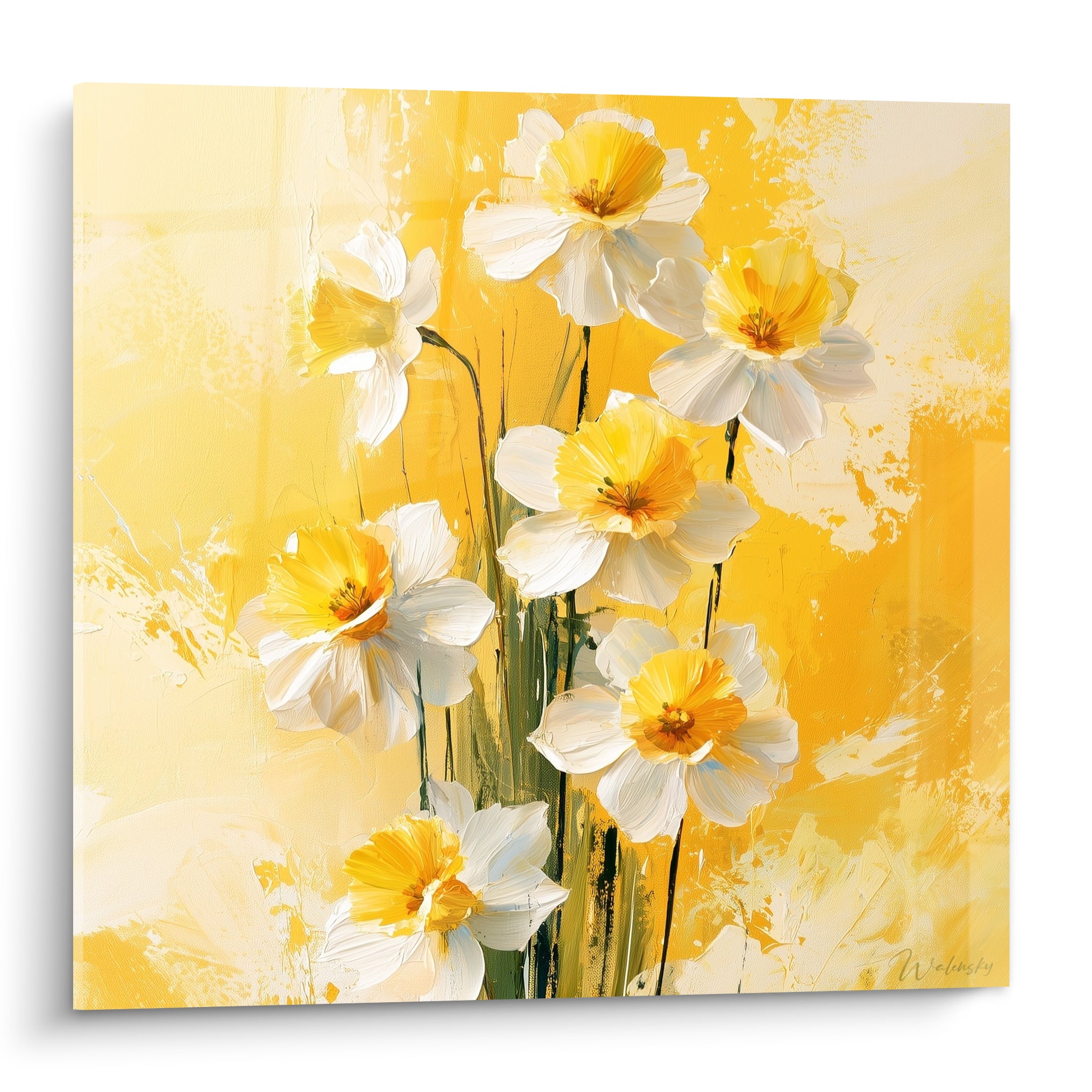 Jonquilles blanches aux cœurs dorés peintes en empâtements sur fond jaune safran et ocre