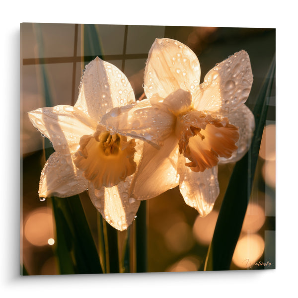 Tableau Jonquilles blanches et ambrées aux gouttes de rosée - Halos lumineux dorés - Edition Jonquille