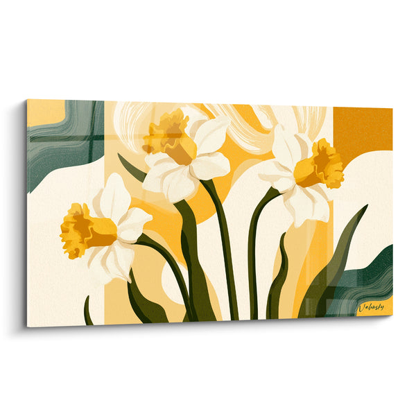 Tableau Jonquilles blanches et jaunes sur fond géométrique ocre - Formes rectangulaires colorées - Edition Jonquille