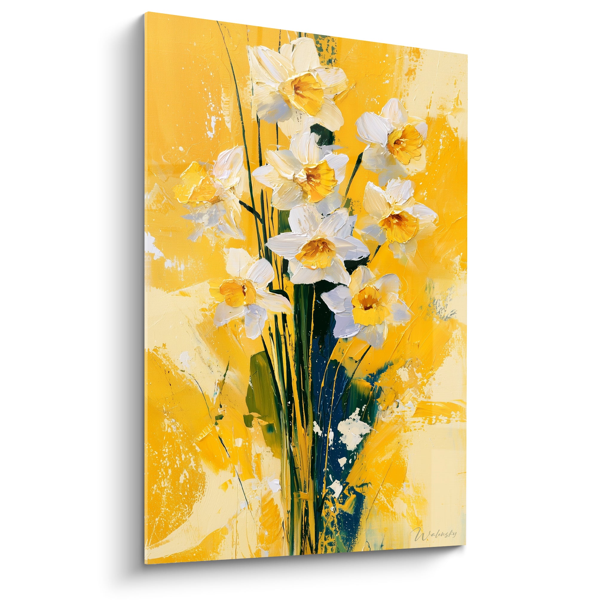 Jonquilles blanches aux cœurs orangés peintes sur un fond jaune doré texturé au couteau