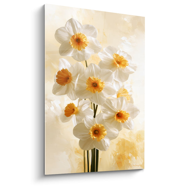 Tableau Jonquilles blanches et orangées aux tiges sombres serrées - Bouquet dense compact - Edition Jonquille